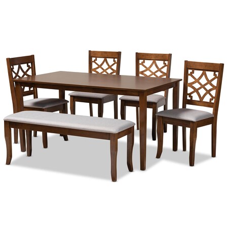 Baxton Studio Dori Grey Upholstered and Walnut Wood 6-Piece Dining Set 169-9875-10920-10520